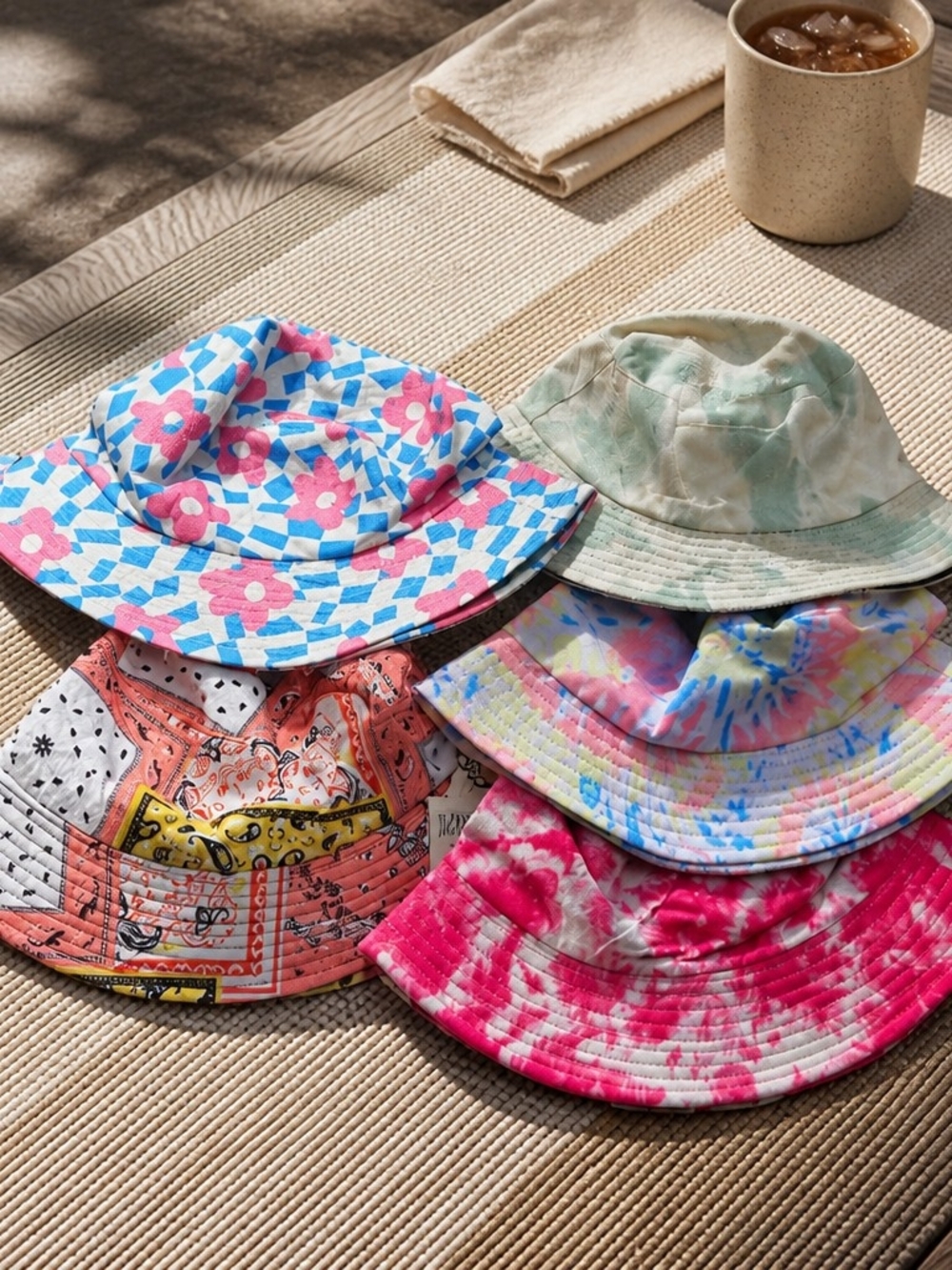 Colorful Tie-Dye & Pattern Bucket Hat Pink, Blue, Green, Coral, Multicolor